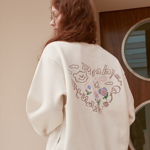 엠블러 남여공용 Flower heart 오버핏 기모 맨투맨 티셔츠 AMM1107 (아이보리)