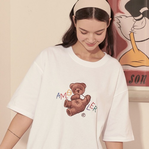 엠블러 남여공용 Balloon bear 오버핏 반팔 티셔츠 AS905 (화이트)