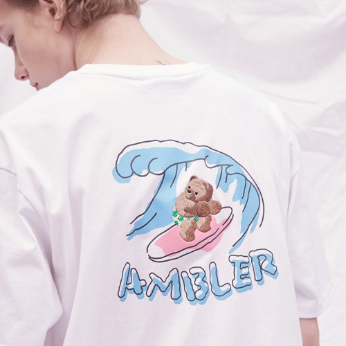 엠블러 남여공용 Surfing Bear 오버핏 반팔 티셔츠 AS916 (화이트)