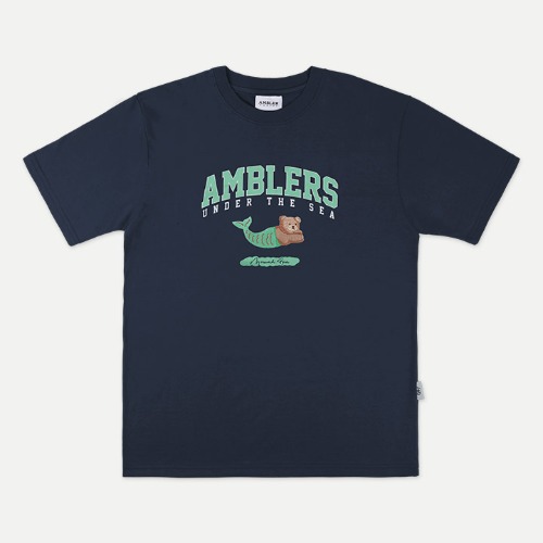 엠블러 남여공용 Mermaid Bear 오버핏 반팔 티셔츠 AS908 (네이비)