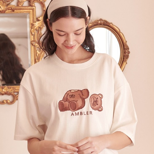 엠블러 남여공용 Oops bear 오버핏 반팔 티셔츠 AS901 (크림)