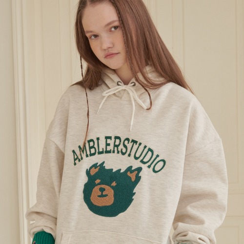 엠블러 Green Bear 남여공용 오버핏 기모 후드 티셔츠 AHP909 (오트밀)