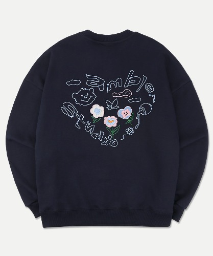 엠블러 남여공용 Flower heart 오버핏 기모 맨투맨 티셔츠 AMM1107 (네이비)