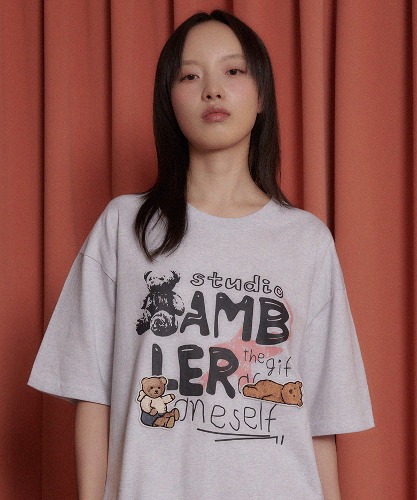 엠블러 남여공용 Bear Patch 오버핏 반팔 티셔츠 AS1106 (백멜란지)