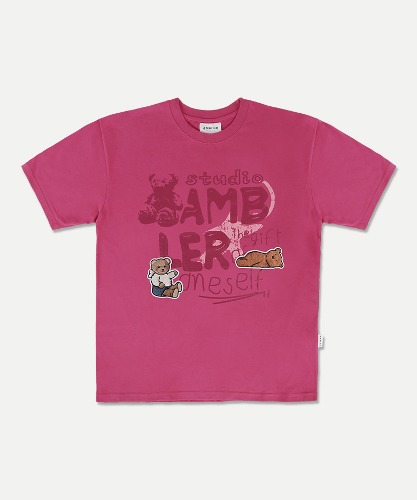 엠블러 남여공용 Bear Patch 오버핏 반팔 티셔츠 AS1106 (핑크)