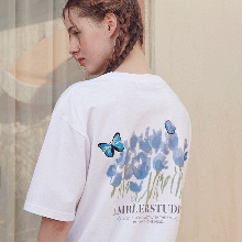 엠블러 남여공용 Blue Butterfly 오버핏 반팔 티셔츠 AS1030 (화이트)