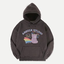 엠블러 남여공용 Rainbow bear 오버핏 기모 후드 티셔츠 AHP1007 (다크그레이)