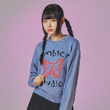 엠블러 Pink butterfly 오버핏 크롭 스웨터 니트 AKN402 (블루)